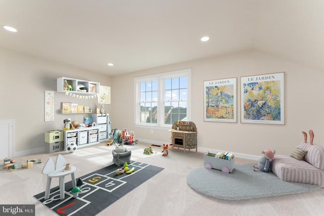 rec room featuring carpet flooring, recessed lighting, and baseboards