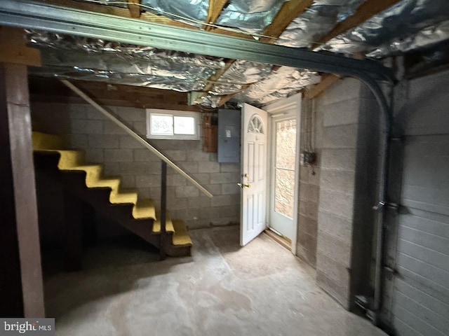 below grade area with stairway and electric panel