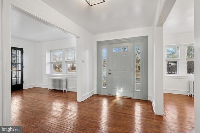 foyer entrance featuring a wealth of natural light, radiator, radiator heating unit, and hardwood / wood-style flooring