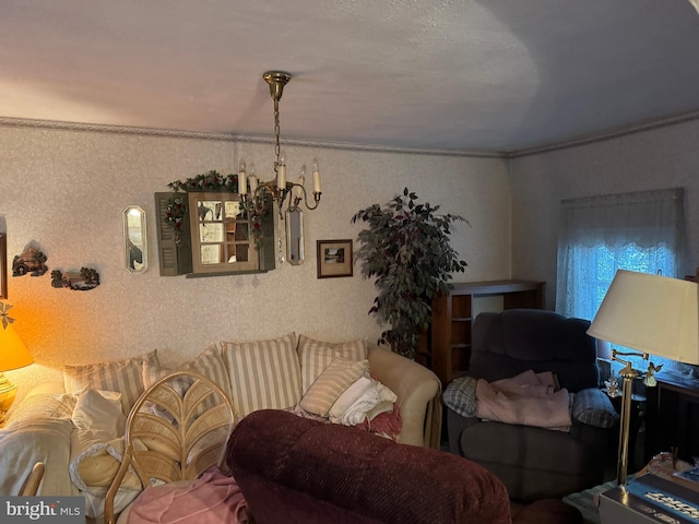 living room featuring an inviting chandelier