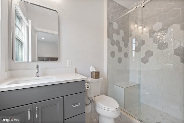 full bathroom featuring toilet, a stall shower, and vanity