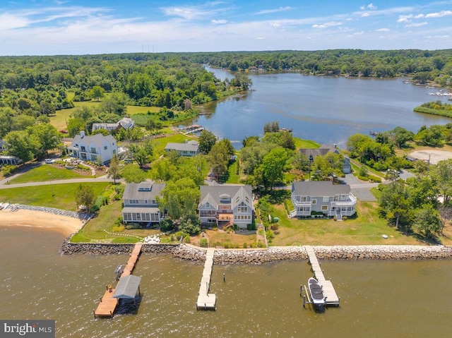 birds eye view of property featuring a water view and a view of trees