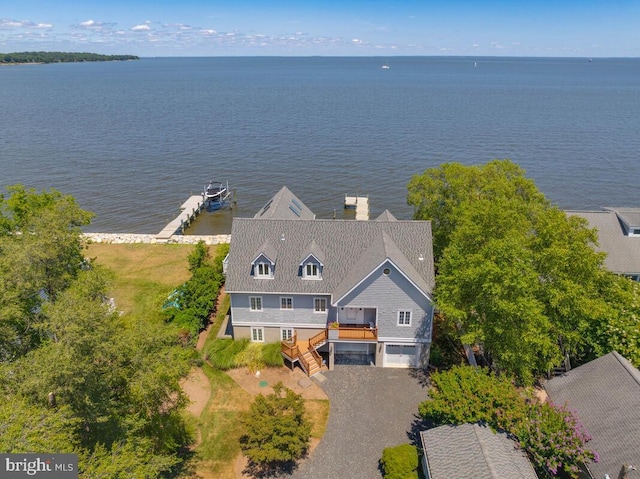 drone / aerial view featuring a water view