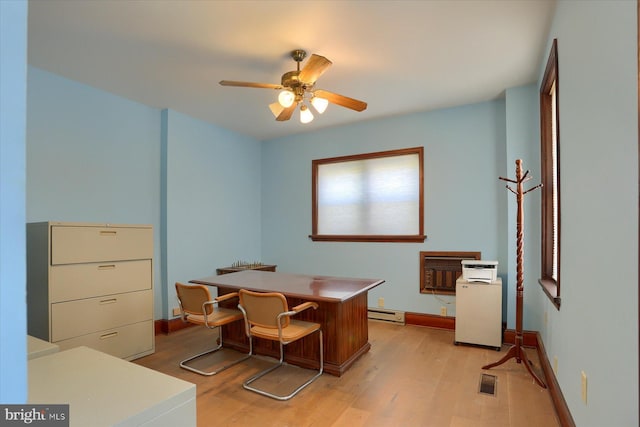 office space with ceiling fan, light wood finished floors, visible vents, and baseboards