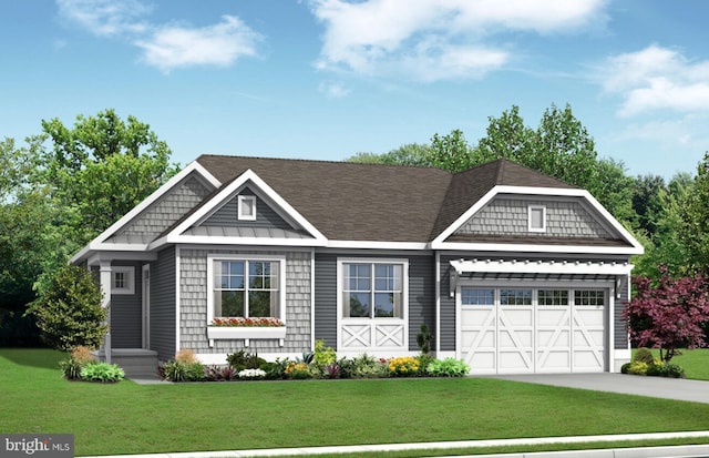 view of front of property featuring a garage, a shingled roof, driveway, and a front lawn