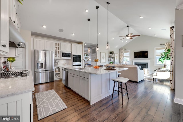 kitchen with a fireplace, appliances with stainless steel finishes, white cabinets, a sink, and under cabinet range hood