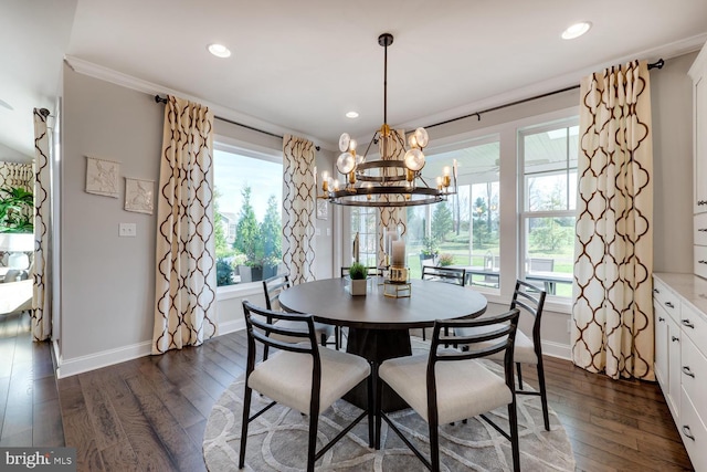 dining room featuring a healthy amount of sunlight, dark wood finished floors, and baseboards