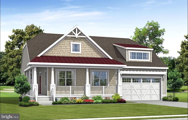 view of front of home with a garage, driveway, covered porch, a standing seam roof, and a front yard