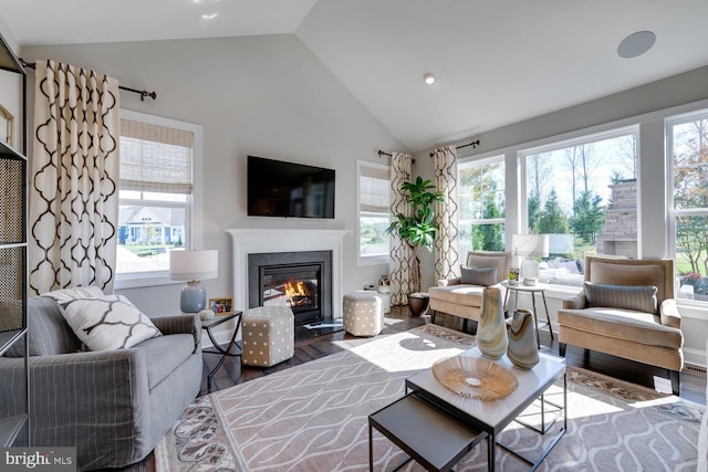 living area with vaulted ceiling, wood finished floors, and a glass covered fireplace