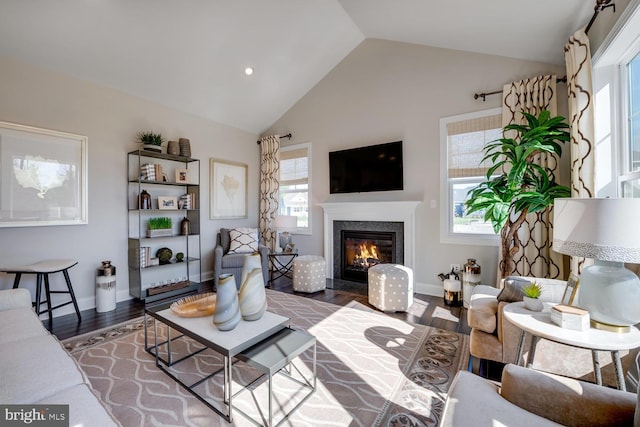 living room featuring vaulted ceiling, a premium fireplace, wood finished floors, and baseboards
