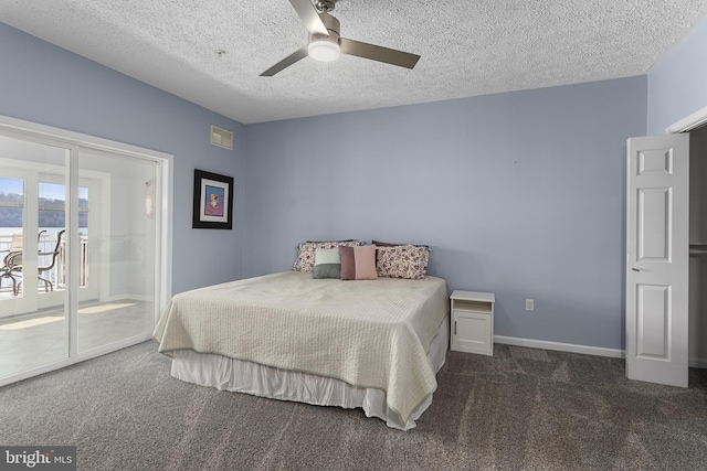 bedroom featuring carpet, baseboards, ceiling fan, access to exterior, and a textured ceiling