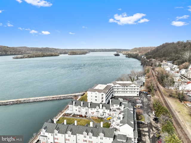 drone / aerial view with a water view