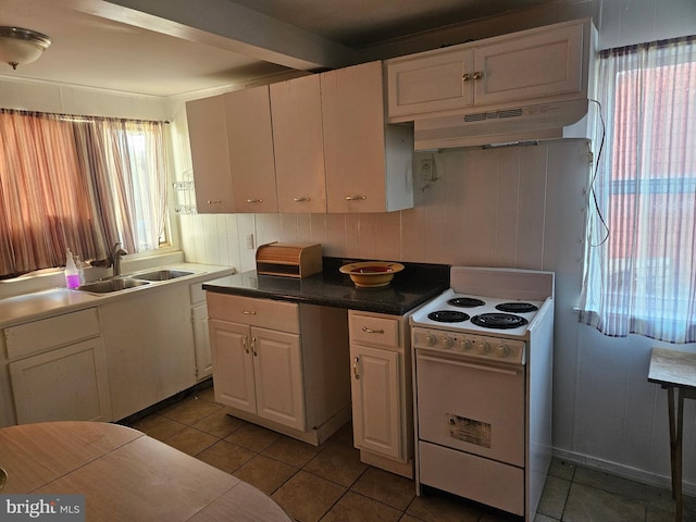 kitchen featuring white range with electric stovetop, a healthy amount of sunlight, white cabinets, a sink, and under cabinet range hood