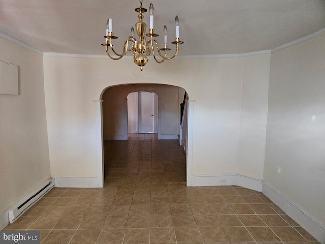 unfurnished room with baseboards, arched walkways, baseboard heating, crown molding, and a notable chandelier