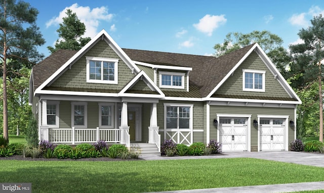 craftsman-style house with covered porch, a front lawn, concrete driveway, and roof with shingles