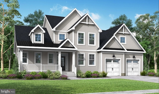 view of front of home with a garage, a shingled roof, concrete driveway, a porch, and a front lawn