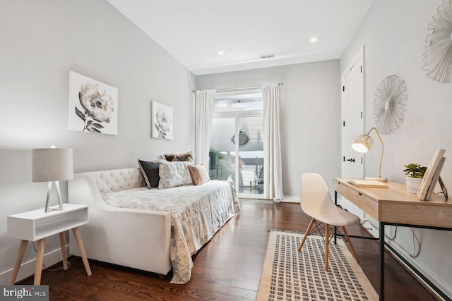 bedroom with visible vents, baseboards, recessed lighting, dark wood-type flooring, and access to outside