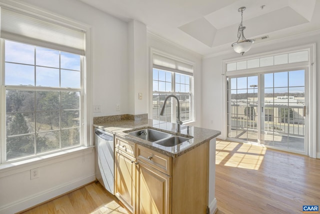 kitchen featuring light stone counters, a tray ceiling, light wood-style floors, a sink, and dishwasher