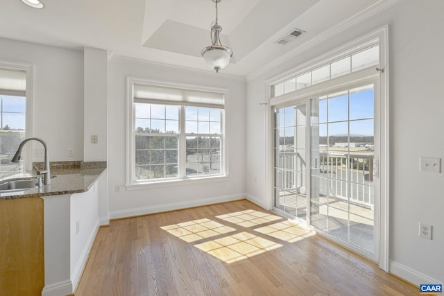 unfurnished dining area with baseboards, visible vents, light wood-style flooring, a tray ceiling, and a sink