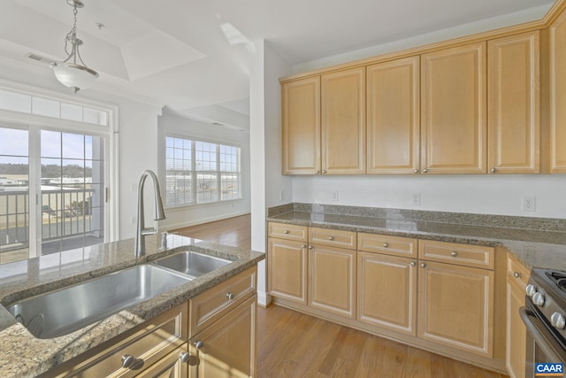 kitchen featuring light wood-style floors, stainless steel gas range oven, dark stone counters, and a sink