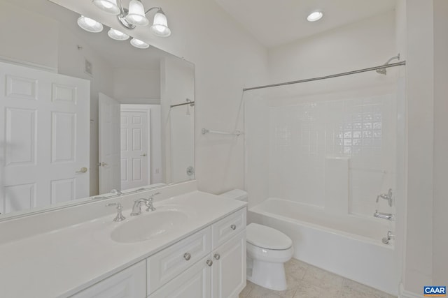 full bath with shower / washtub combination, visible vents, toilet, vanity, and tile patterned floors