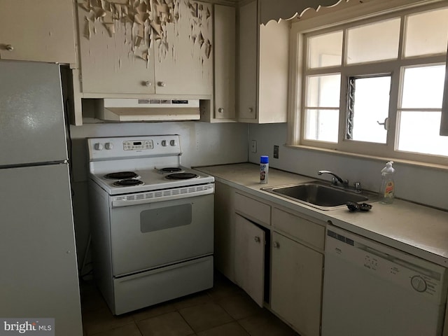 kitchen featuring light countertops, white cabinets, a sink, white appliances, and under cabinet range hood