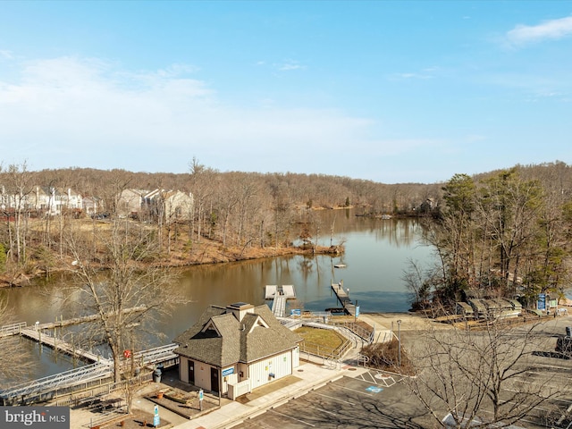 dock area with a forest view and a water view