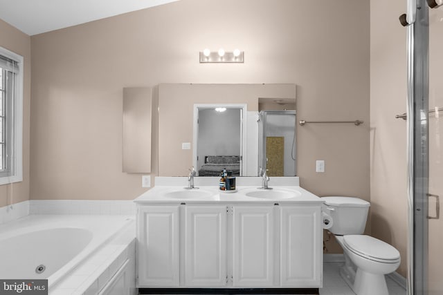 ensuite bathroom with a shower stall, a garden tub, double vanity, and a sink