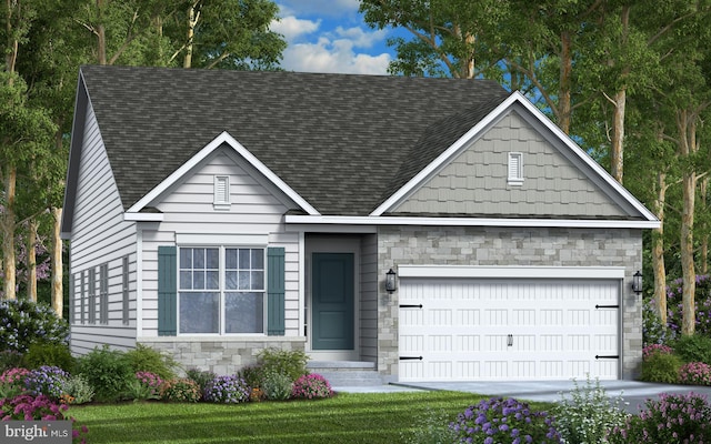 view of front facade with a garage, stone siding, and roof with shingles