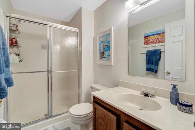 full bathroom with a shower stall, toilet, and vanity