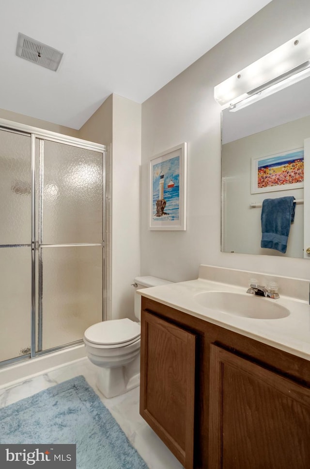 full bath with marble finish floor, visible vents, toilet, a shower stall, and vanity