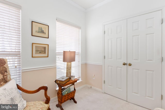 living area featuring plenty of natural light, light colored carpet, baseboards, and ornamental molding