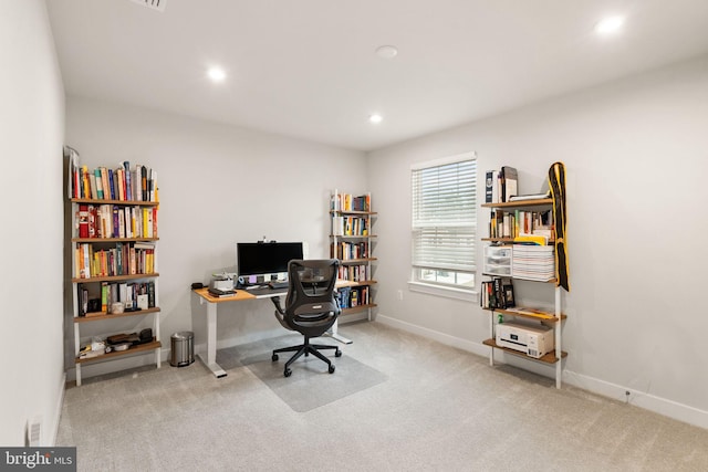 office with baseboards, carpet flooring, and recessed lighting