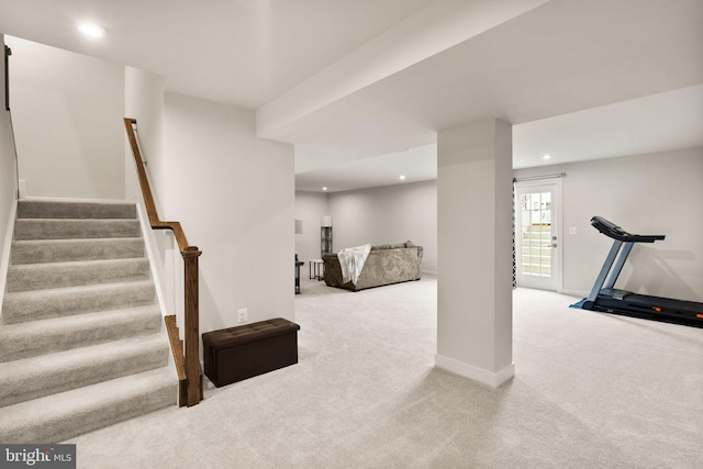 interior space with stairs, carpet, baseboards, and recessed lighting