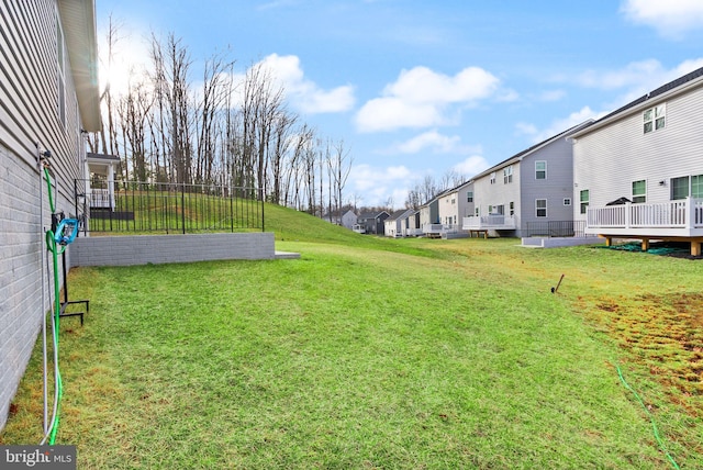 view of yard with a wooden deck, a residential view, and fence