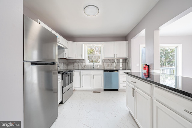 kitchen with appliances with stainless steel finishes, marble finish floor, a healthy amount of sunlight, under cabinet range hood, and a sink