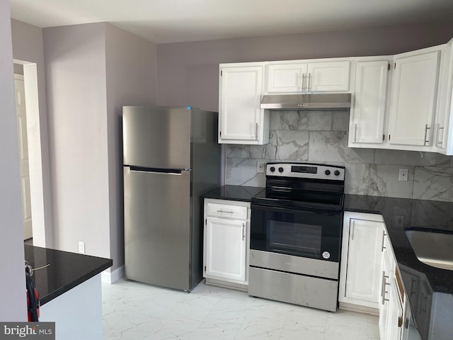 kitchen with marble finish floor, stainless steel appliances, white cabinets, and under cabinet range hood