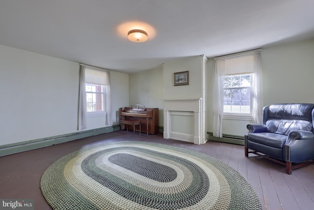 sitting room featuring a baseboard radiator, wood-type flooring, and a healthy amount of sunlight