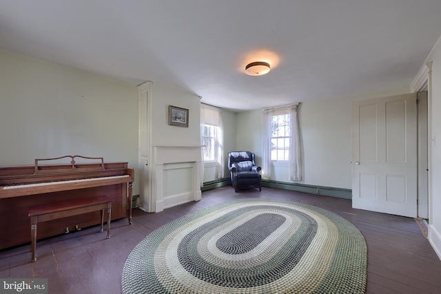 sitting room featuring a baseboard radiator and hardwood / wood-style flooring