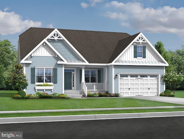 view of front of home with concrete driveway, roof with shingles, a porch, board and batten siding, and a front yard