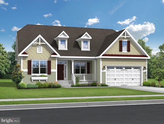 craftsman inspired home featuring driveway, an attached garage, a front lawn, and roof with shingles