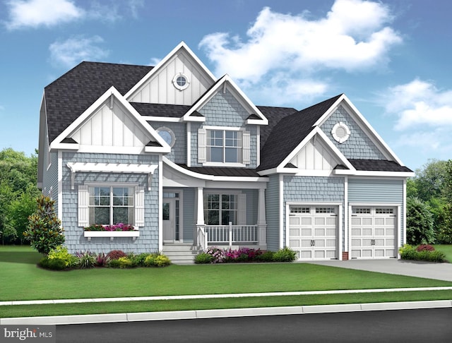 view of front of house featuring driveway, a front lawn, and board and batten siding