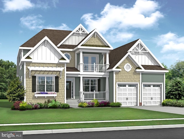 craftsman-style home featuring covered porch, board and batten siding, a front yard, a balcony, and driveway