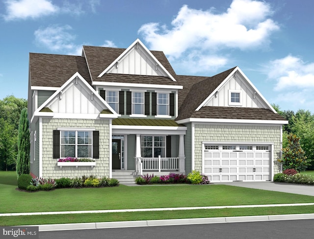 view of front of property with roof with shingles, a porch, a front lawn, and driveway