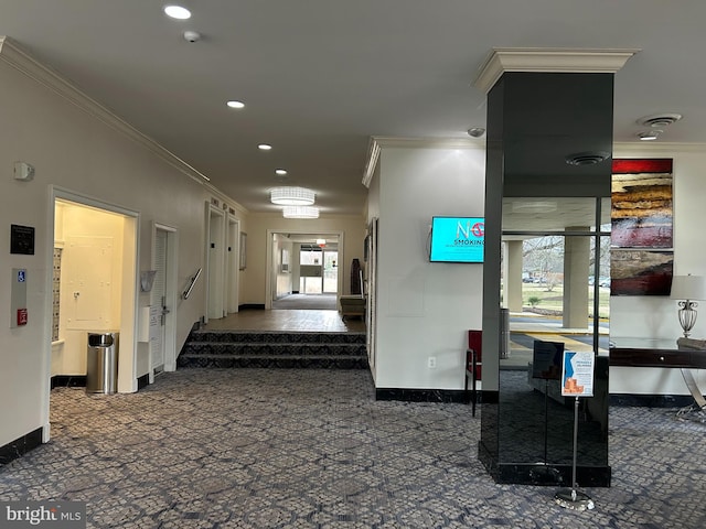 corridor with carpet, visible vents, ornamental molding, and recessed lighting