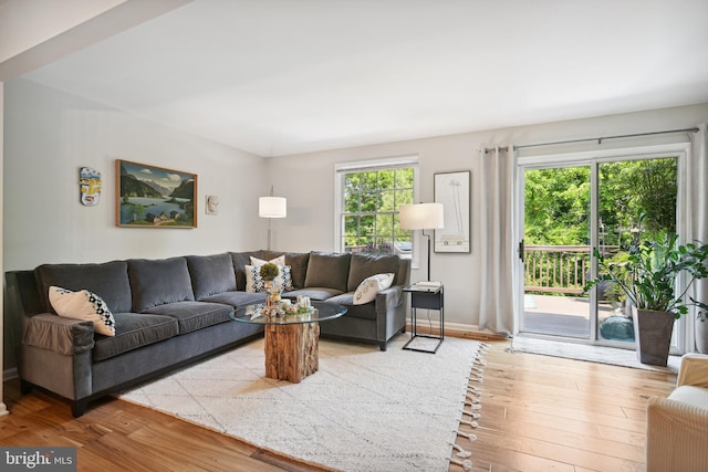 living area featuring baseboards and wood finished floors