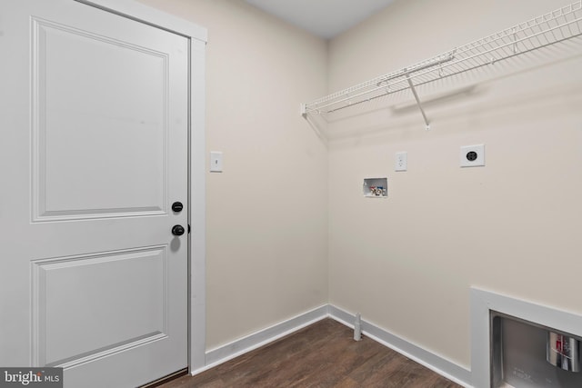 washroom with laundry area, washer hookup, dark wood-style flooring, baseboards, and electric dryer hookup