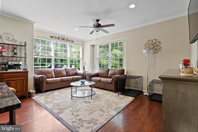 living room with recessed lighting, hardwood / wood-style flooring, and crown molding