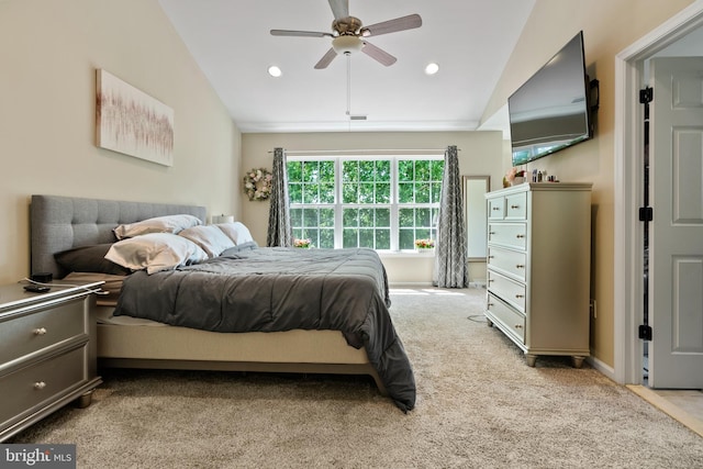 carpeted bedroom with recessed lighting, a ceiling fan, baseboards, vaulted ceiling, and visible vents