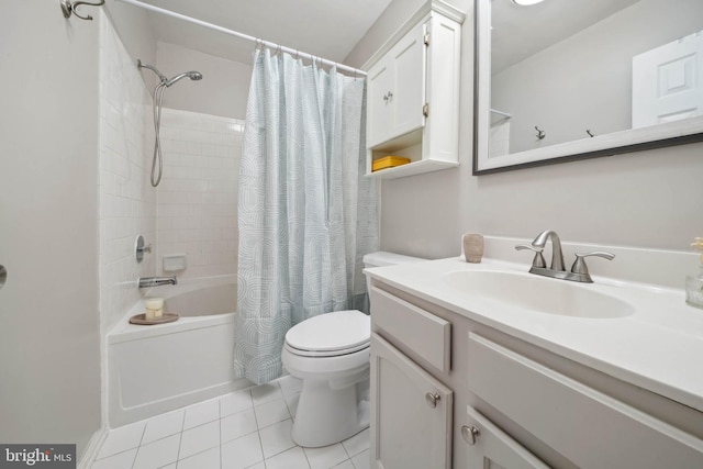 full bath featuring shower / bathtub combination with curtain, toilet, vanity, and tile patterned flooring